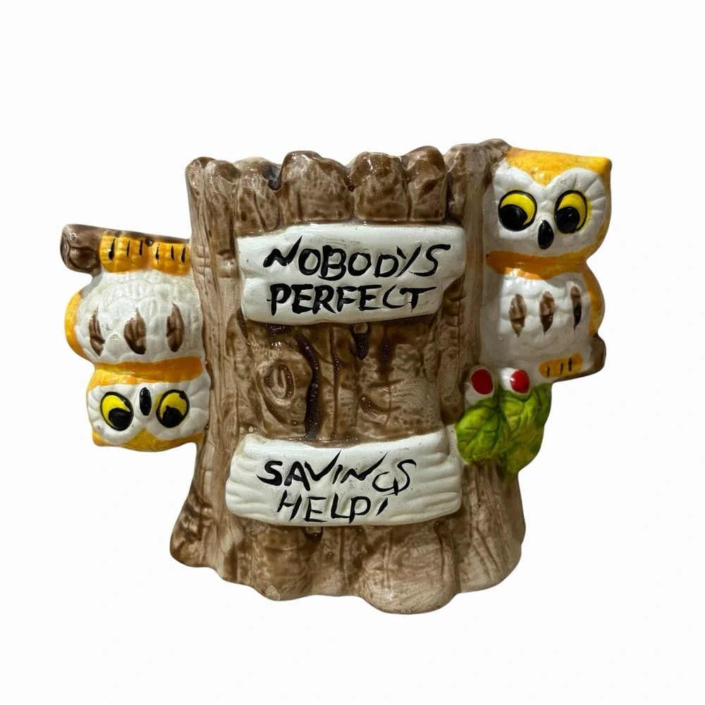 Vintage Enesco Owl Coin Bank Ceramic‎ Hand Painted Nobody's Perfect Savings Help